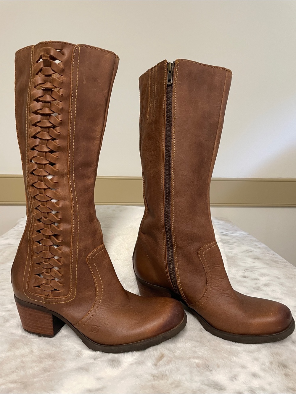 Born Brown Leather Mid-Calf Heeled Boots with Woven Side Detail